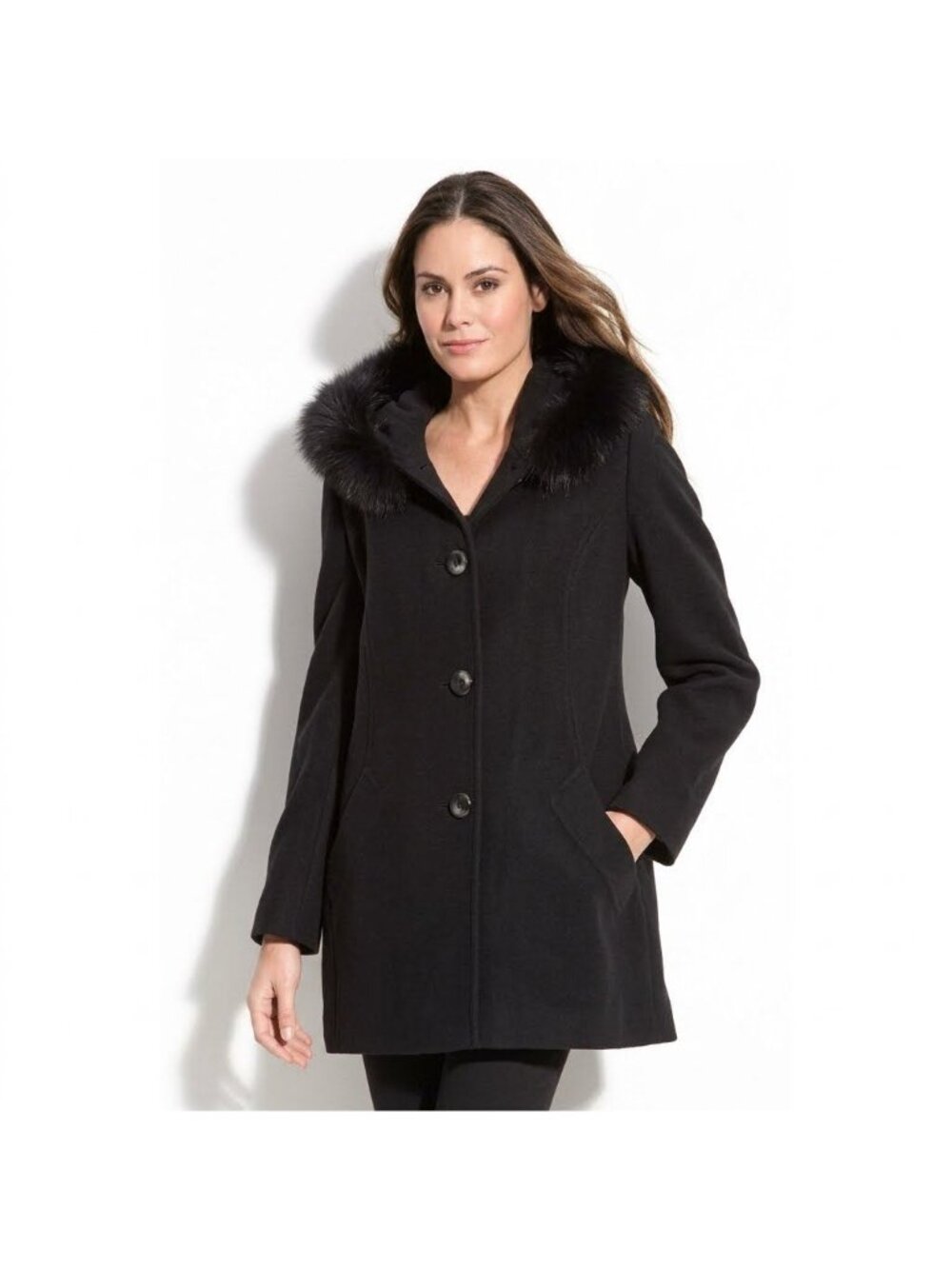 Sachi Collection Black Wool Cashmere Blend Faux Fur Trim Hood Peacoat -  Sz L